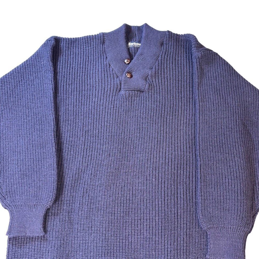 Vintage Barbour Ribbed Shawl Collar Sweater men's large long wool blue  henley